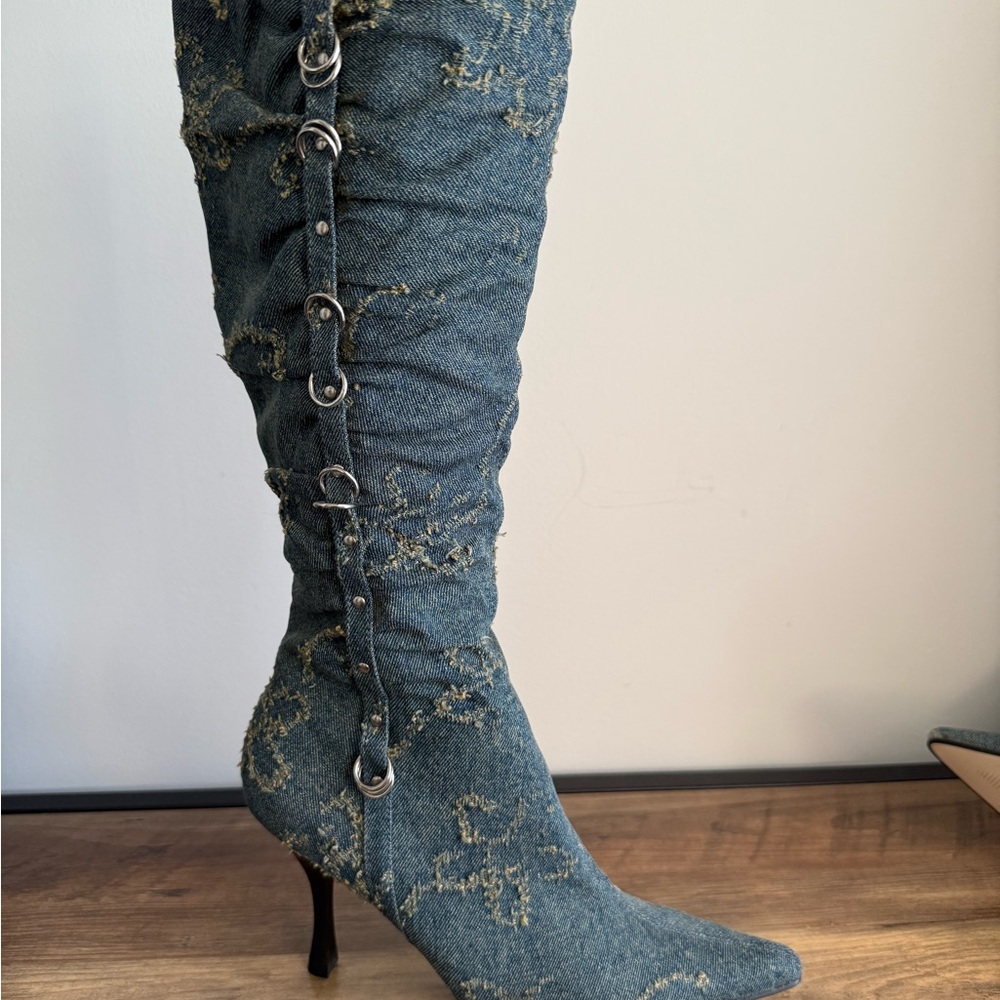 REDTOO Y2K Denim Pointed Toe Kitten Heel Boots | Fairy Grunge 2000s Runway